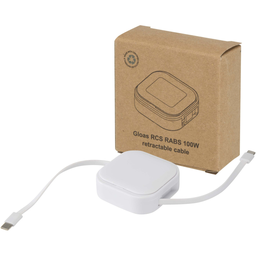 Logotrade Werbeartikel das Foto: Gloas Aufrollbares 5 in 1 Kabel aus Recyclingmaterial mit Datensynchronisierung und 100 W Schnellladefunktion sowie Smartphone Toolkit