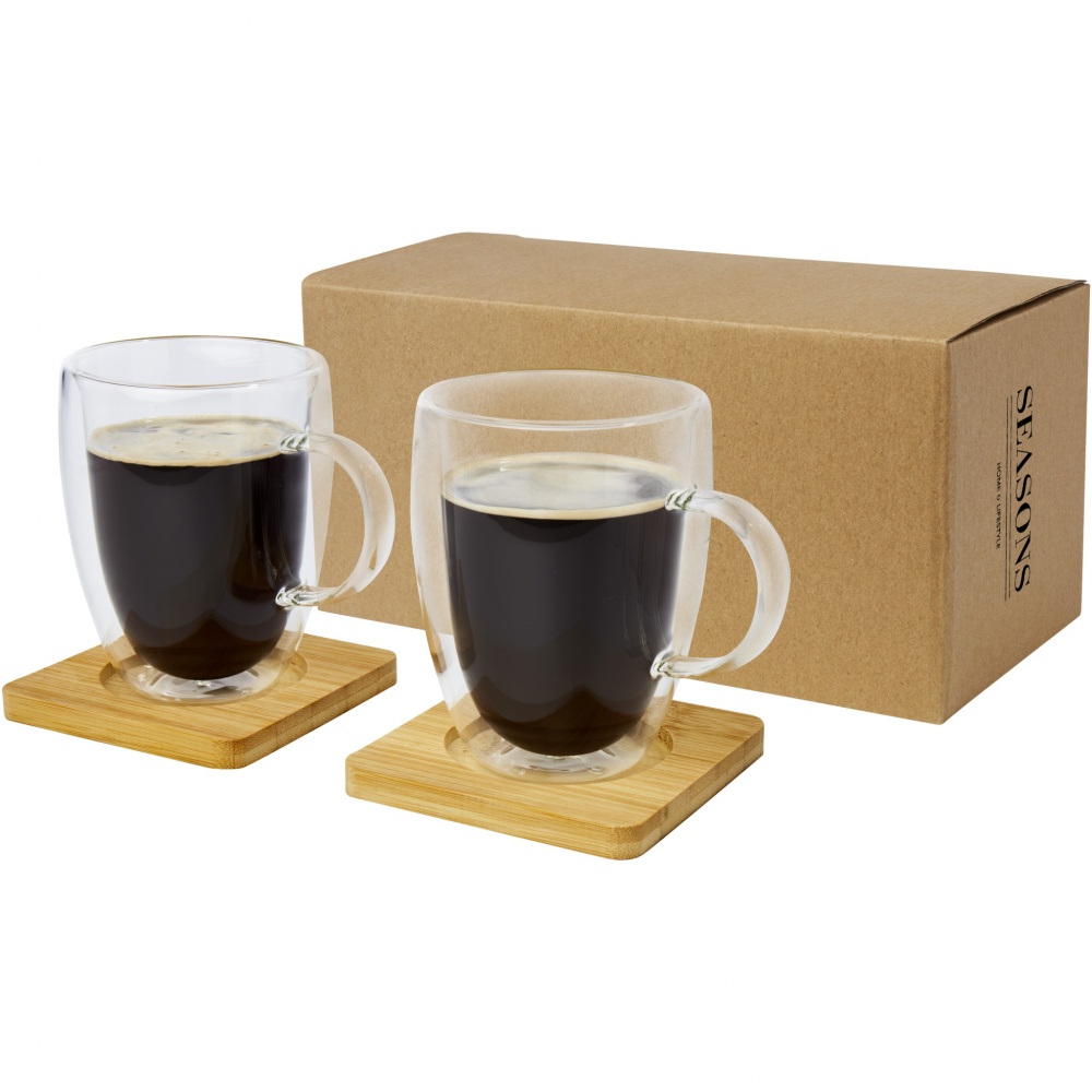 Logotrade advertising product picture of: Manti 2-piece 350 ml double-wall glass cup with bamboo coaster 