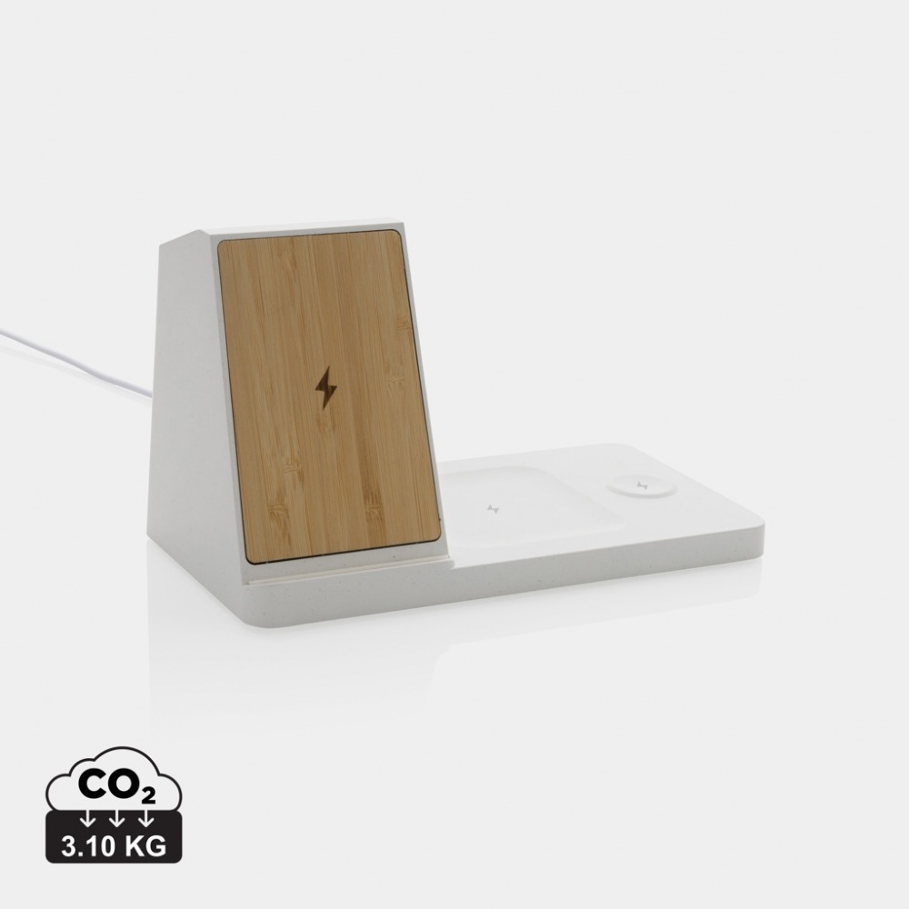 Logo trade promotional merchandise picture of: Ontario recycled plastic & bamboo 3-in-1 wireless charger