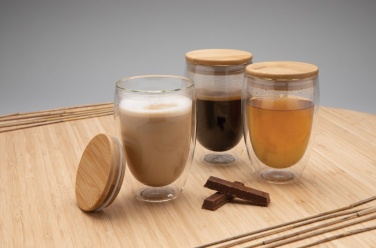 Logo trade promotional gifts picture of: Double wall borosilicate glass with bamboo lid 350ml 2pc set