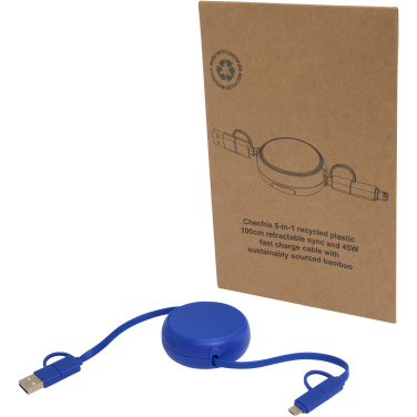 Logo trade business gift photo of: Alasia 5-in-1 100 cm recycled plastic and aluminium retractable data sync and 45W fast charge cable