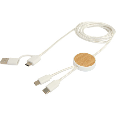 Logo trade advertising products picture of: Chechia 5-in-1 recycled plastic 150 cm data sync and 27W fast charge cable with bamboo details