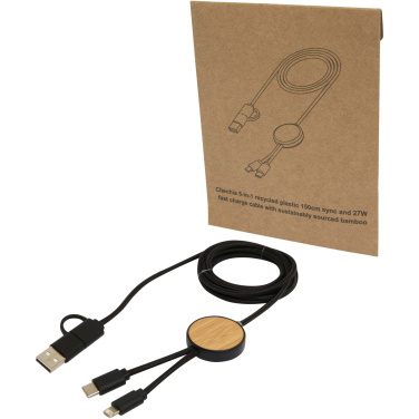Logotrade promotional item picture of: Chechia 5-in-1 recycled plastic 150 cm data sync and 27W fast charge cable with bamboo details