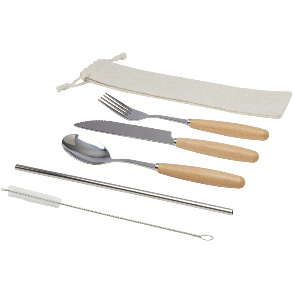 Logo trade promotional items image of: Root 5-piece stainless steel and beech wood cutlery set