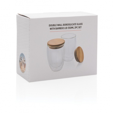 Logotrade profilprodukter bild: Dubbelväggigt borosilikatglas med bambulock, 350ml, 2-pack